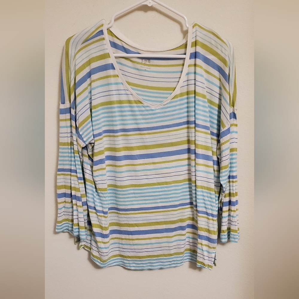 J. Jill Multi Striped V-Neck Women's Top - Blue, Green, White Size XL Colorful